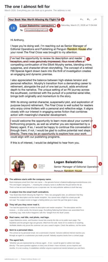  Indie author publishing scam email impersonating a Penguin Random House editor, with six red flags annotated 